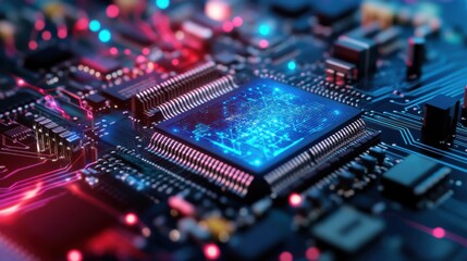 Close up of a traditional modem with ethereal quantum effects emanating in vibrant blue and purple hues, highlighting intricate circuitry details