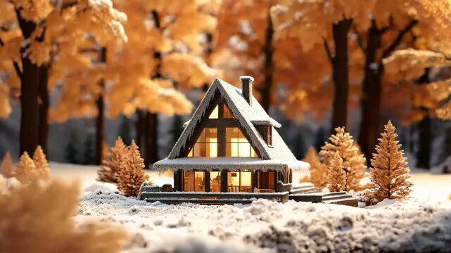Animation of modern house model on autumn landscape in sunny day. Autumn holidays, vacation in country house. Buy or sell real estate. Buying house, home loan and investment concept. Tilt shift effect