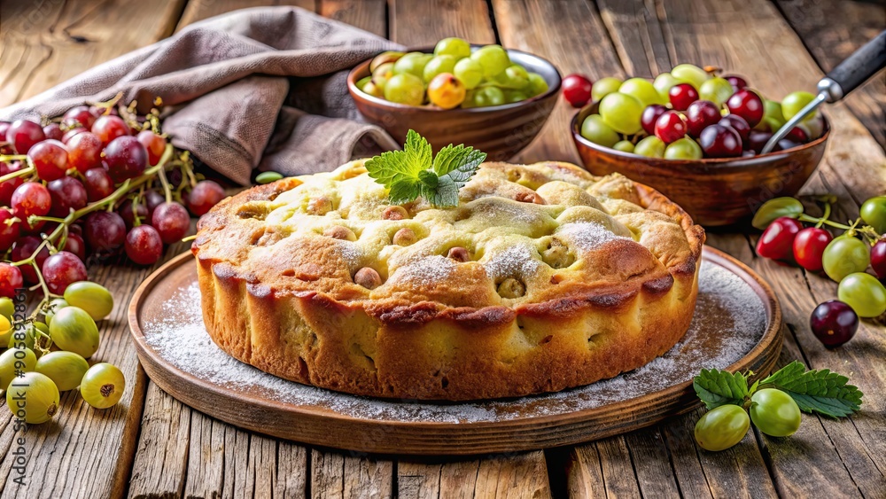 Wall mural Freshly baked gooseberry yeast cake in rustic summer kitchen , Gooseberry, yeast, cake, fresh, baked, homemade, dessert, summer