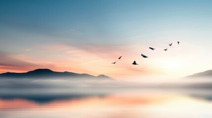 Obraz premium Birds in flight, crafting an abstract formation against a sunset gradient that shifts from warm reds to cool blues, capturing a tranquil evening scene