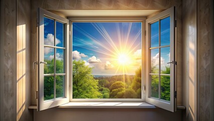 An open window with sunlight streaming in, freedom, fresh air, view, light, breeze, peaceful, interior, home, ventilation, clear