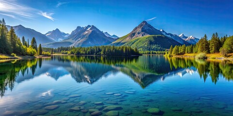 Scenic landscape of a tranquil mountain lake with a reflection of the clear blue sky , lake, mountain, landscape, nature