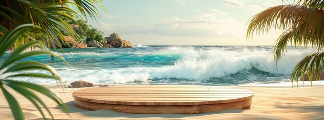Obraz premium Tropical Beach with Wooden Platform and Ocean Waves