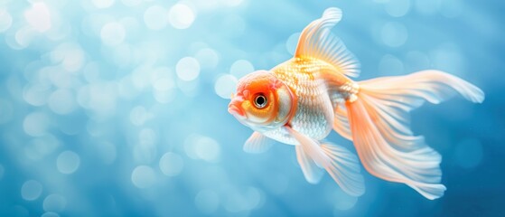Fototapeta premium Close-up of a goldfish with orange and white scales in a clear blue aquarium, highlighting the fish's delicate movements