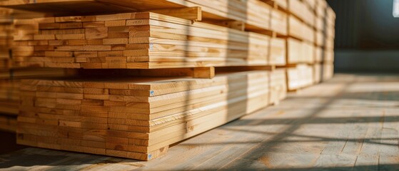 Stacks of wooden planks in a sunlit warehouse, with shadows creating patterns on the floor, symbolizing the integration of nature and industrial craftsmanship