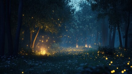 Enchanted Forest at Night with Fireflies