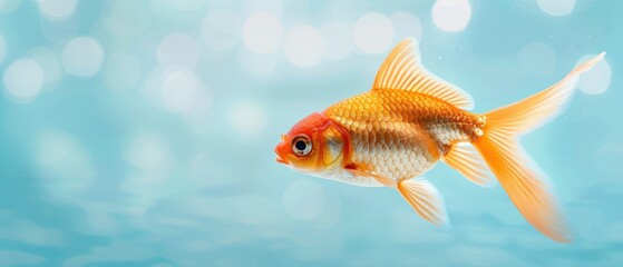 Fototapeta premium Goldfish in clear blue water, featuring a bright orange and white color palette, set against a serene, simple underwater background