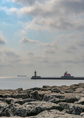 Duluth Harbor Ariel Lift Bridge allows Great Lakes commerce to flow through this narrow canal on...