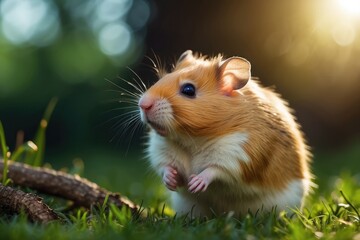 A Golden Hamster Standing in Grass with a Branch in the Foreground