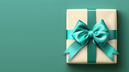 Beige Gift Box with Teal Ribbon and Bow.