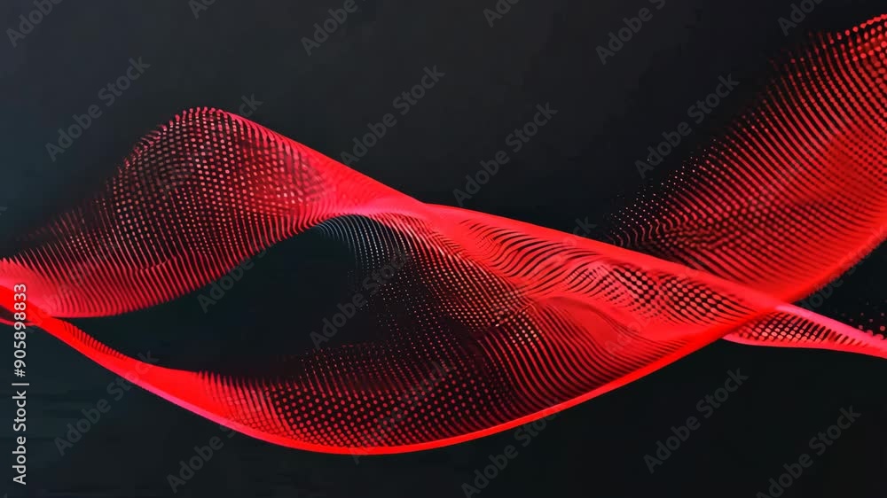 Poster motion animation of abstract 3d red flowing wave made of dots on black background. digital data stru