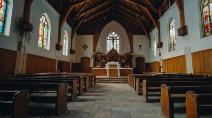 Fototapeta premium Empty Church Interior with Wooden Pews and Stained Glass Windows