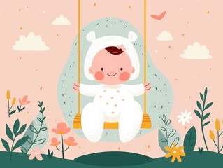 Cute and whimsical cartoon style depicting a modern baby happily swinging in a lush  colorful nursery setting filled with plants  clouds  and a cheerful