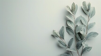 Serene Silver Leaves: Minimalist botanical design with frosted eucalyptus on muted green, offering tranquility and natural elegance for stylish compositions.