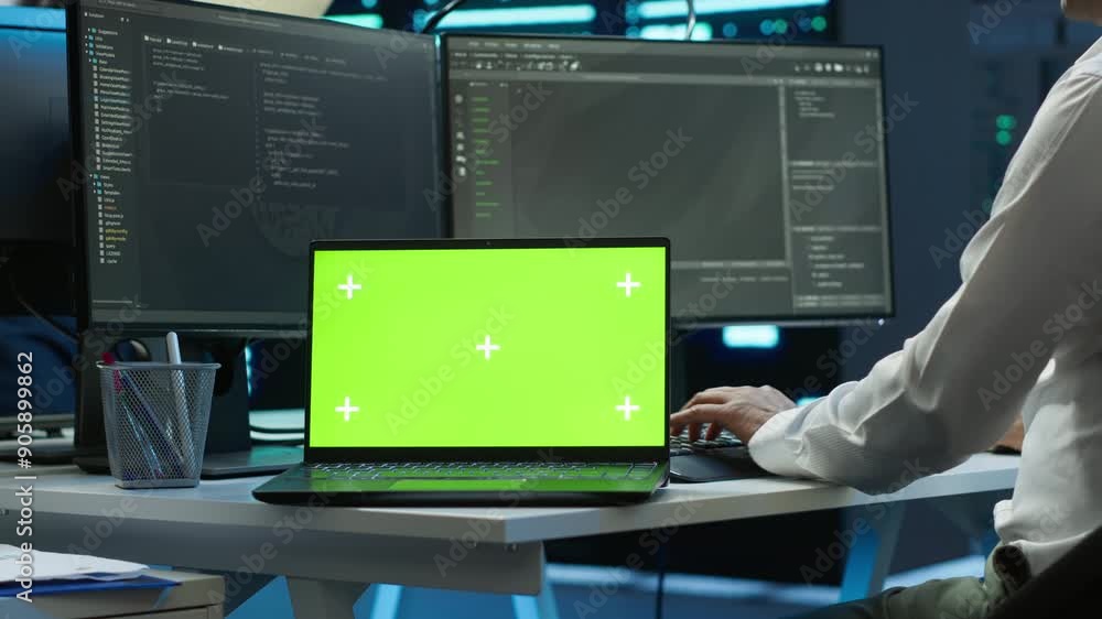 Poster zoom in on green screen laptop used by data center worker troubleshooting issues. engineer uses chro