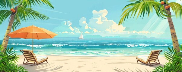 Tranquil Beach Vacation in Tropical Island Paradise Getaway with Swaying Palm Trees and Relaxing Lounge Chairs  Serene and Peaceful Seaside Landscape with Stunning Ocean Views and Idyllic Scenery