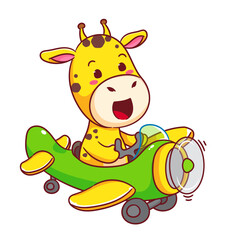 Cute Giraffe on Airplane Cartoon Vector Illustration. Kawaii Adorable Animal Pilot Concept Design. Travel And Transportation Themes. Isolated White Background.