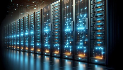 A row of network servers illuminated by glowing LED lights.