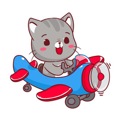 Cute Cat on Airplane Cartoon Vector Illustration. Kawaii Adorable Animal Pilot Concept Design. Travel And Transportation Themes. Isolated White Background.