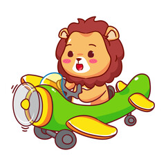 Cute Lion on Airplane Cartoon Vector Illustration. Kawaii Adorable Animal Pilot Concept Design. Travel And Transportation Themes. Isolated White Background.