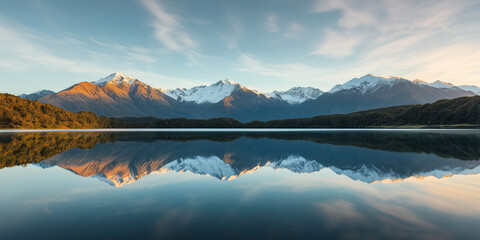 Beautiful view of snow capped mountains and blue sky with white puffy clouds in the background on a bright sunny day with a calm clear lake reflecting the backdrop