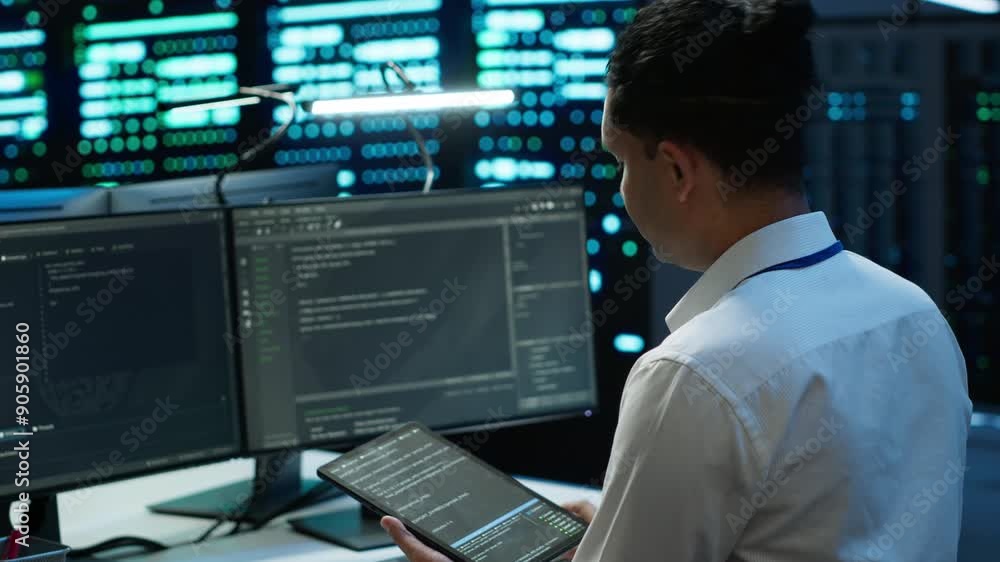 Aufkleber system administrator in data center installing software on computer, troubleshooting issues using ta