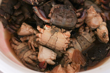 Salted crab or fermented crab for ingredient SomTum or scicy papaya salad. Traditional Thai street food.