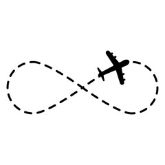 Airplane infinity route. Vector flight path. Black and white. Dotted travel line.