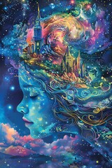 Abstract fantasy woman with flowers, imagination concept.