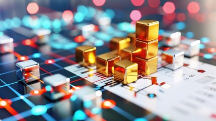 Abstract 3D rendering of golden and silver cubes on a financial data chart representing digital investment, technology, and market analysis.