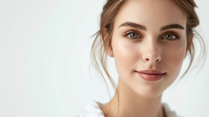 Fototapeta premium Beautiful young woman with green eyes looking at the camera isolated on white background for beauty and fashion photography concept