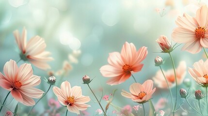 Gentle Embrace of Spring: Pastel pink cosmos flowers dance in a sun-kissed meadow, their delicate beauty exuding tranquility and grace. 