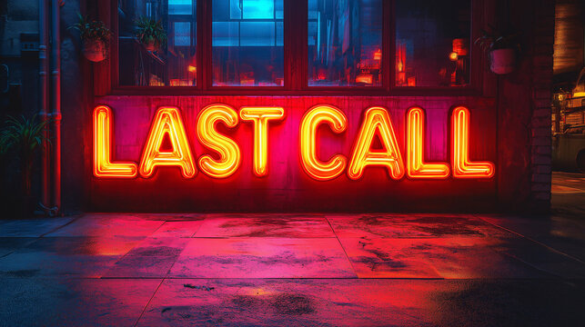 A neon "LAST CALL" sign glows brightly in an urban alley, signaling the final moments before the night ends in a vibrant city scene.