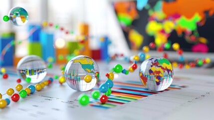 Global business analytics concept with transparent globes, graphs, and colorful charts. Data visualization and economic trends analysis.