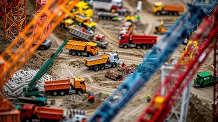 Miniature Construction Site with Toy Trucks and Cranes.