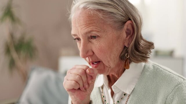 Sick, cough and senior woman in home with asthma or pneumonia, lung cancer and breathing problem. Elderly person, tuberculosis or allergy on couch for dysphagia with health risk, pain and flu virus