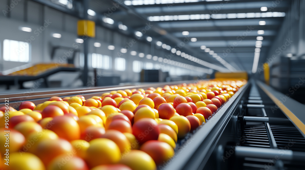 Poster automated fruit sorting on modern conveyor belt in large industrial facility. fresh produce processi