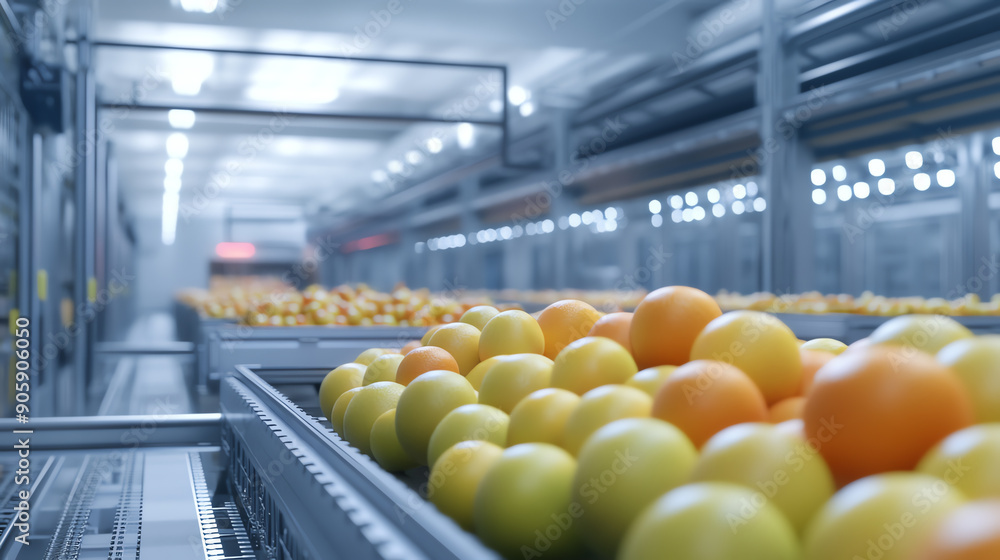 Poster automated industrial fruit sorting line with fresh oranges and lemons moving on conveyor belts in a 