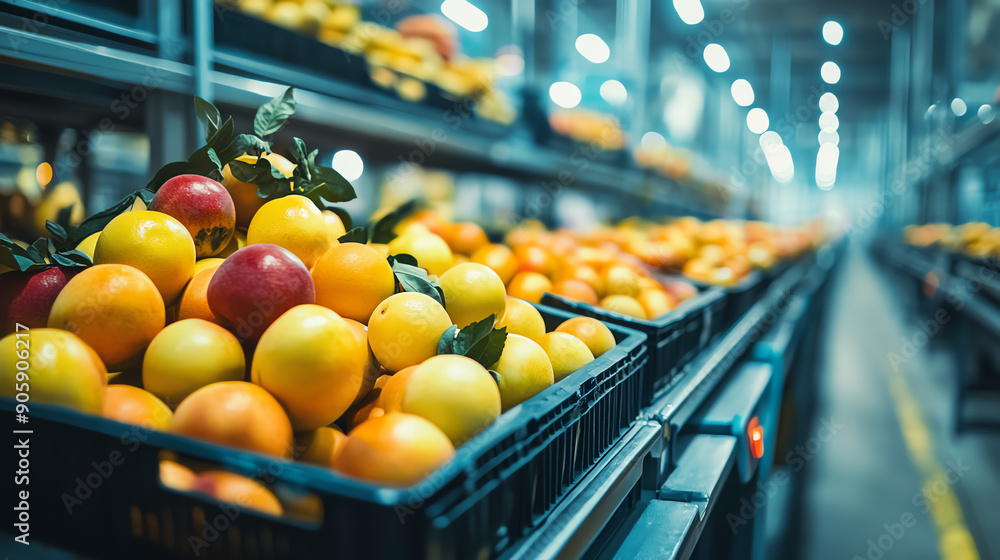 Poster close-up of fresh assorted fruits in crates on a conveyor belt in a modern warehouse. processed in a