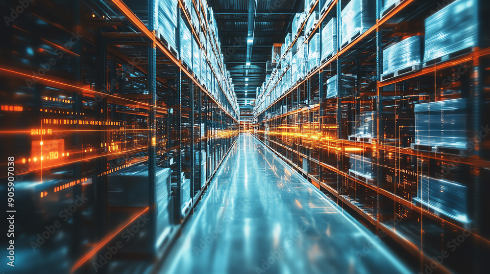 Poster futuristic server room with glowing lights and racks of servers, representing advanced technology an