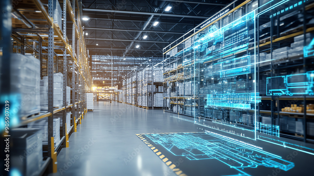 Poster futuristic warehouse with digital holograms showing data overlaying an organized and automated stora