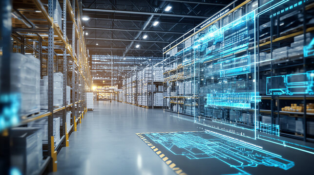 Futuristic warehouse with digital holograms showing data overlaying an organized and automated storage facility. - Powered by Adobe