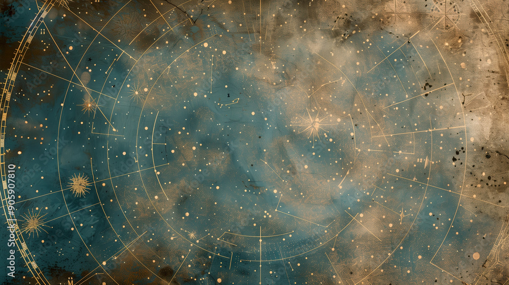 Wall mural vintage celestial map with golden constellations on blue background. intricate star chart showing zo