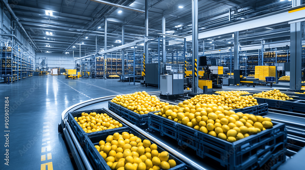 Poster modern citrus processing plant with automated equipment and large crates filled with freshly harvest