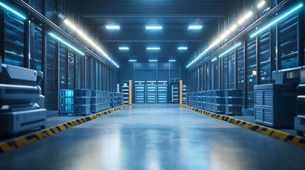 Obraz premium Modern data center interior with server racks, illuminated by blue LED lights, showcasing advanced technology and infrastructure.