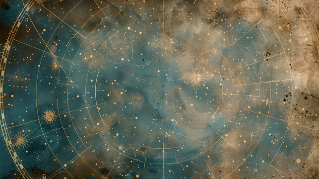 Vintage celestial map with golden constellations on blue background. Intricate star chart showing zodiac symbols, nebulae, and cosmic patterns. Mystical astrological background of a wallpaper