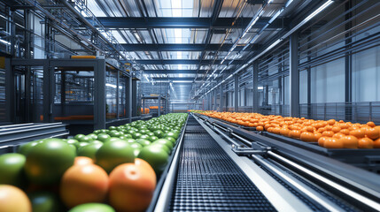 Modern fruit sorting facility with automated technology for processing and organizing fresh produce like oranges and apples.
