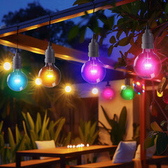 The Enchanting Garden with Colorful Hanging LED Bulbs of Vibrant Outdoor Oasis. Perfect for use in outdoor event promotions, garden décor ideas, party invitations, and lifestyle blogs