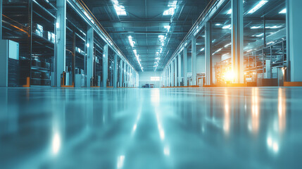 Modern industrial warehouse interior with polished concrete floors, bright lighting, and organized storage spaces, capturing a clean and professional look.