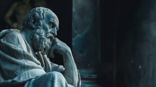 statue of a thinker in profile, bald and bearded, with head resting on hand against a dark background for philosophical quotes. symbol of thought and greek and roman philosophy